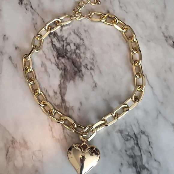 Chunky Heart Necklace Statement Necklace with Big Puffy Heart Gold Tone - Picture 7 of 11